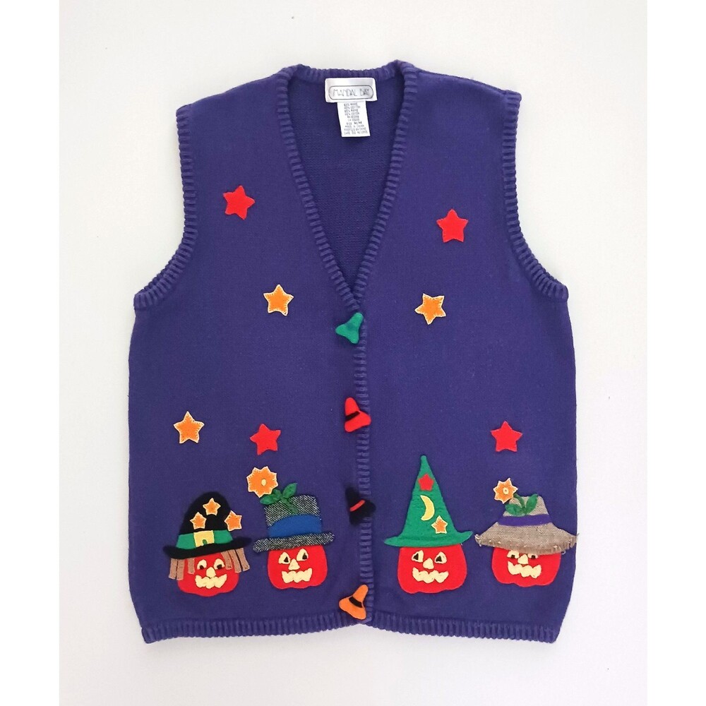 VTG Mandal Bay Halloween Vest Purple Knit Jack O Lantern Pumpkins Applique Sz M